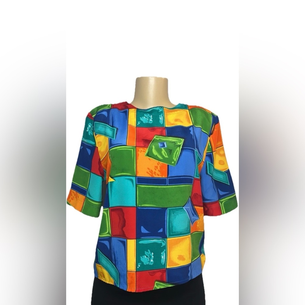 Vintage 80s Westbound Colorful Abstract Geometric Cropped Blouse